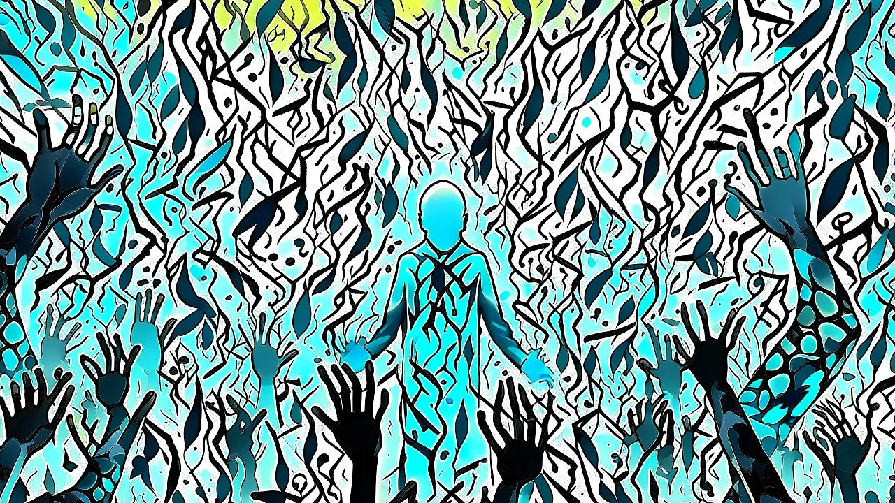 Abstract surreal scene of a human soul in conflict a caracter dissolving into shadows and fog, body torn into shards of light and darkness. Shapes twist and melt like oil paint, forming ghostly hands and distorted faces emerging from the fog. The background is a blur of noise, chaotic patterns and faceless crowds, symbolizing the indifferent outside world. A haunting, dreamlike composition that captures isolation, inner demons, struggle of anxiety. surreal, atmospheric