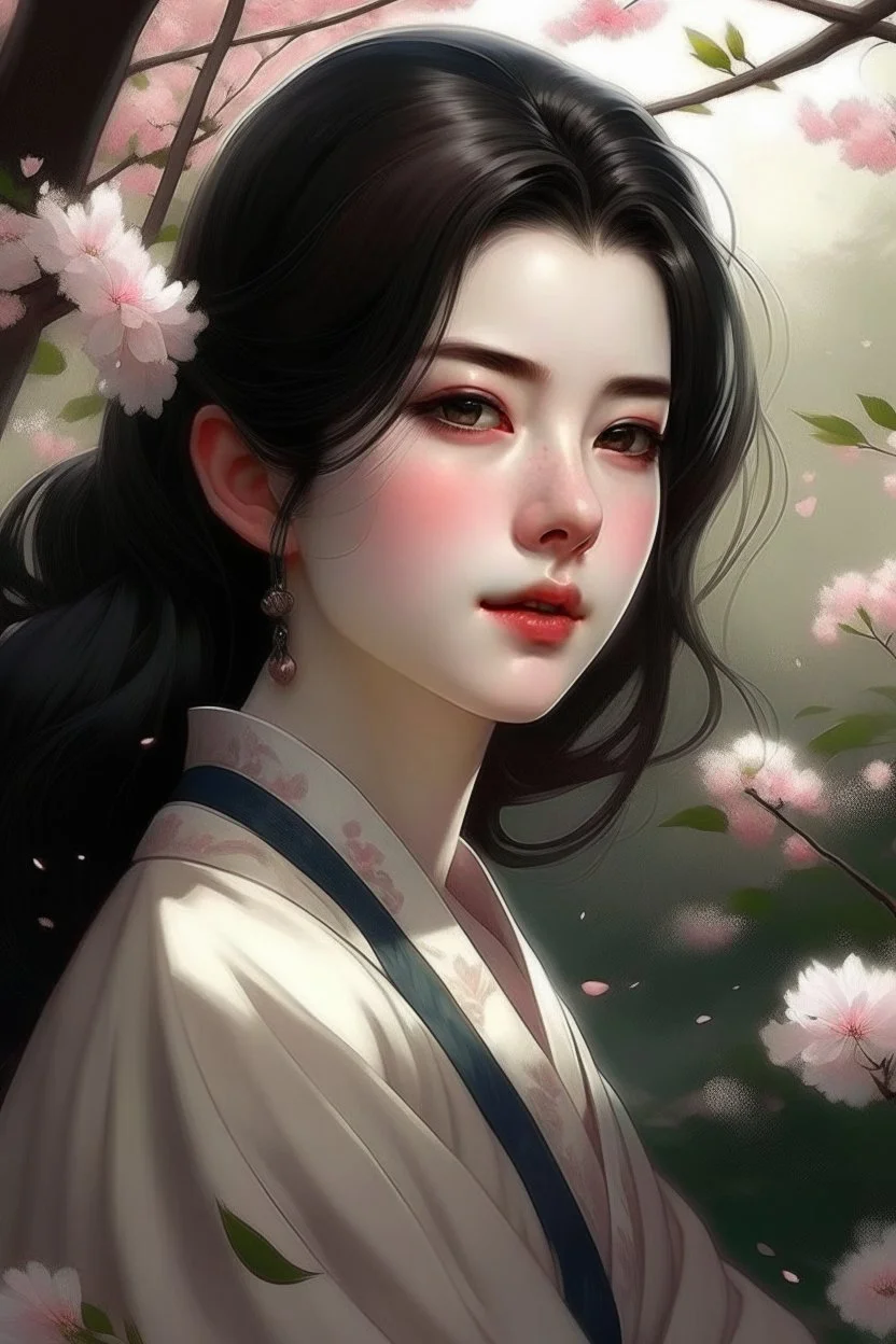 Beautiful Girl in the garden, 18 century, brunette, literally dark hair, dark eyes, fat, smell of sakura, rest, detailed face