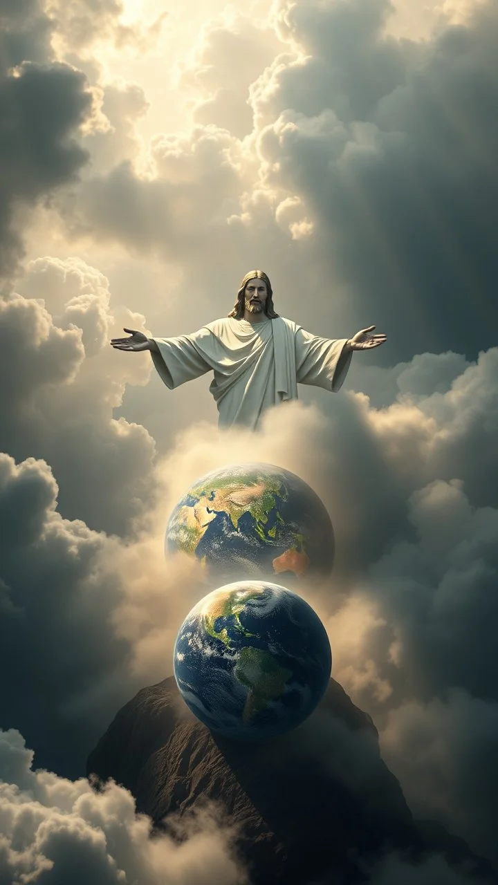 Portrait of Jesus above swirling clouds, emerges from the heart of a raging storm. Turbulent winds of steam swirl around the iconic structure, lit by shafts of sunlight that cast dramatic shadows on the A large planet Earth hovering by over the clouds, another high planet waiting to collapse with planet earth , High quality 16k cinematic scene and great photography
