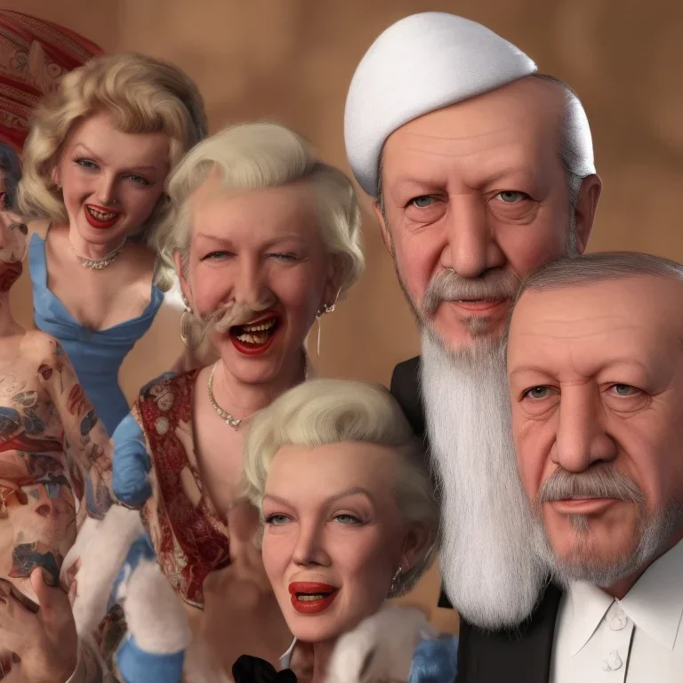 Recep Tayyip Erdogan has a beard like Papa Smurf and is cheerful with Marilyn Monroe at party.