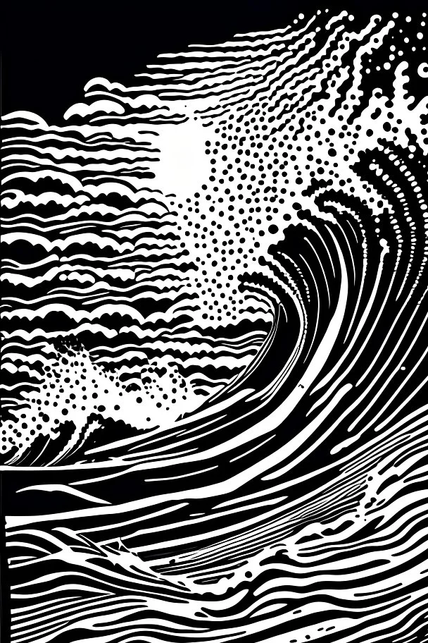 waves art, black and white, line art rough