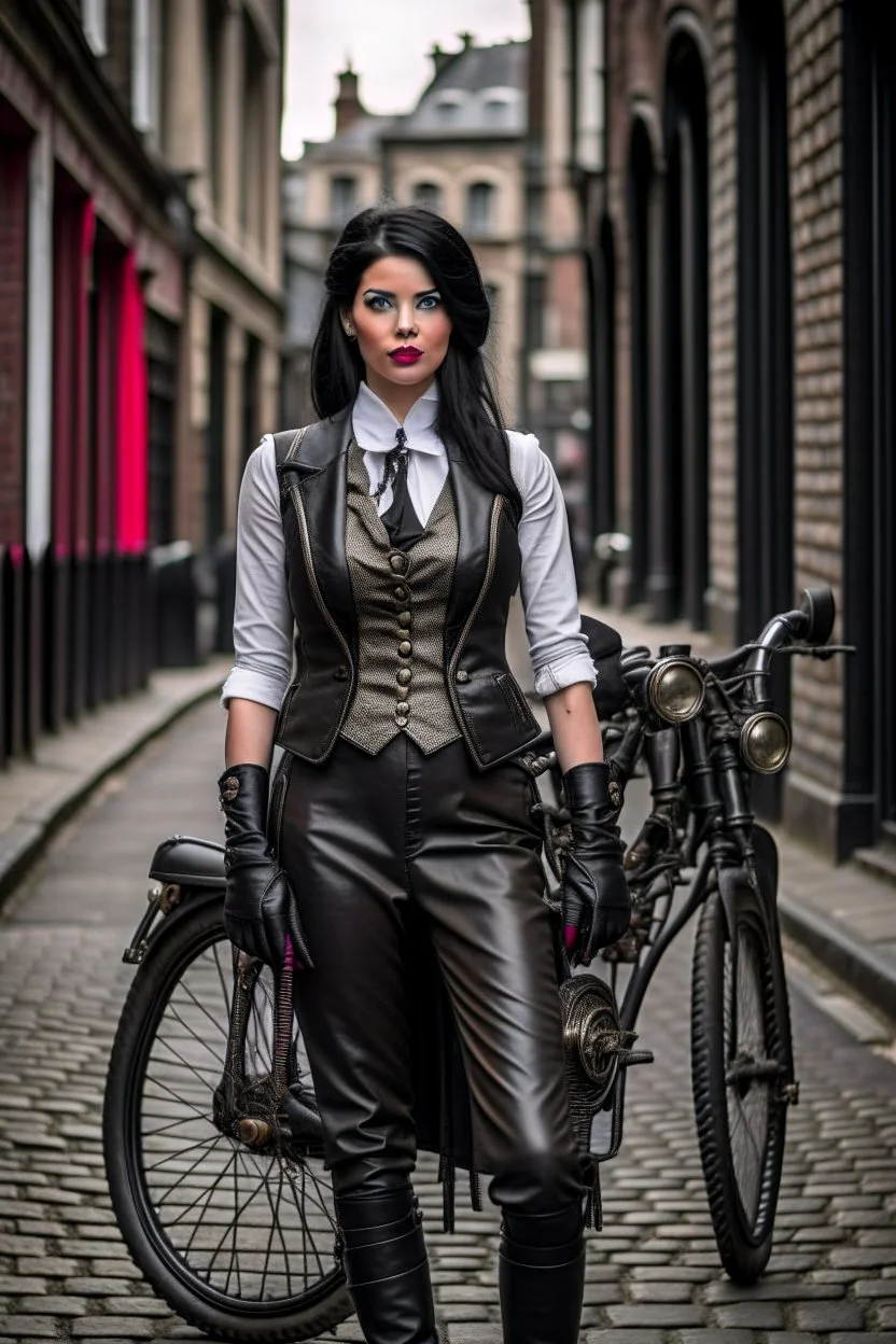 full-height portrait of a woman with straight shoulder-length black hair, with metal arms and legs, dressed in leather trousers, and a waistcoat, in a Victorian street next to a steampunk bike