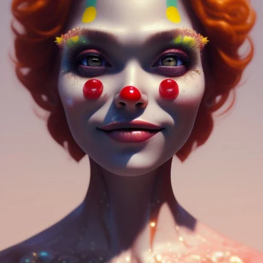 Ultra detailed very beautiful smileing clown girl,beautiful real skin, red nose, symmetrical, ultra detailed curl hair, soft lighting, ultra detailed face, concept art, digital painting, octane render, art by artstation