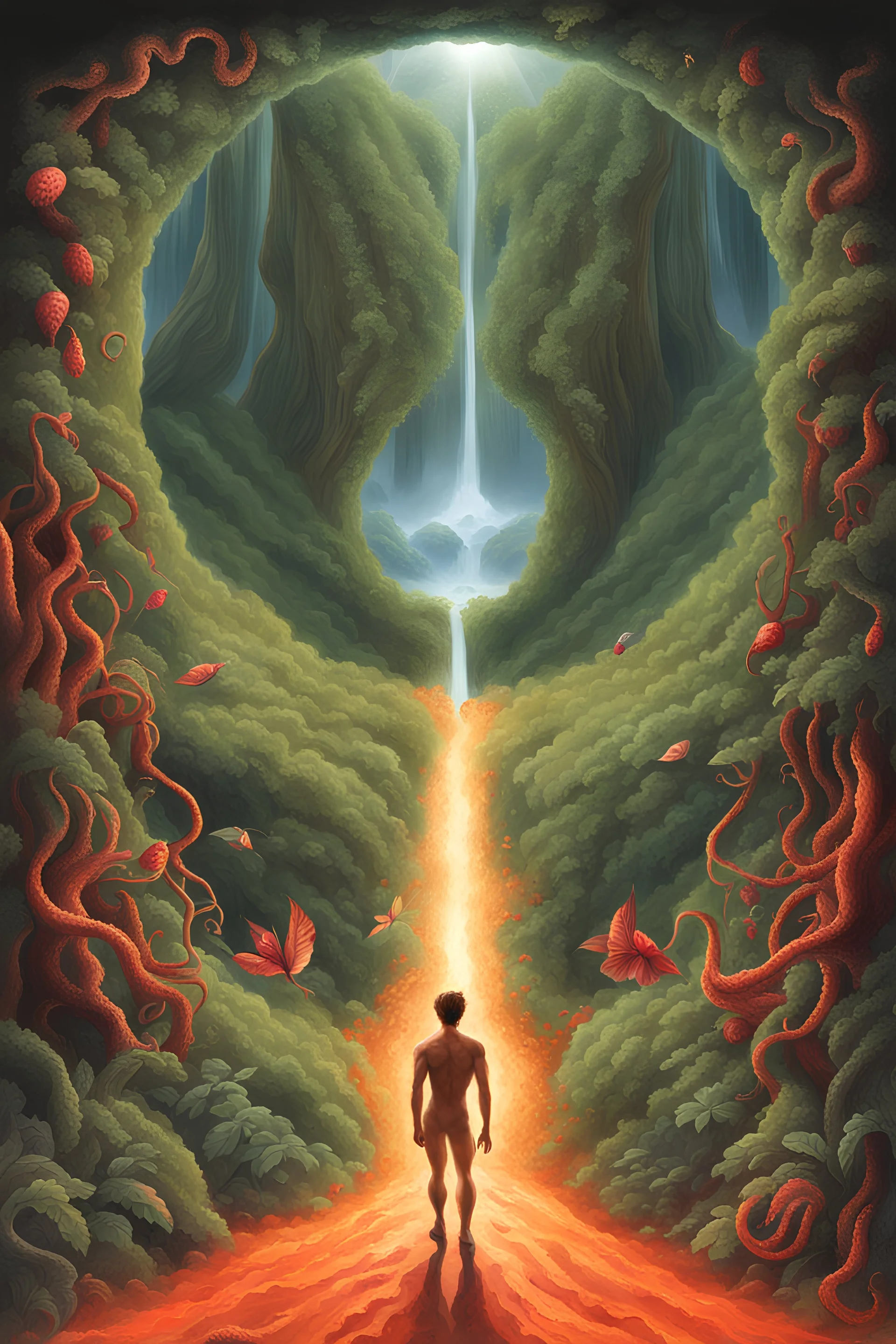 View from inside of hell, looking at a portal to the garden of Eden