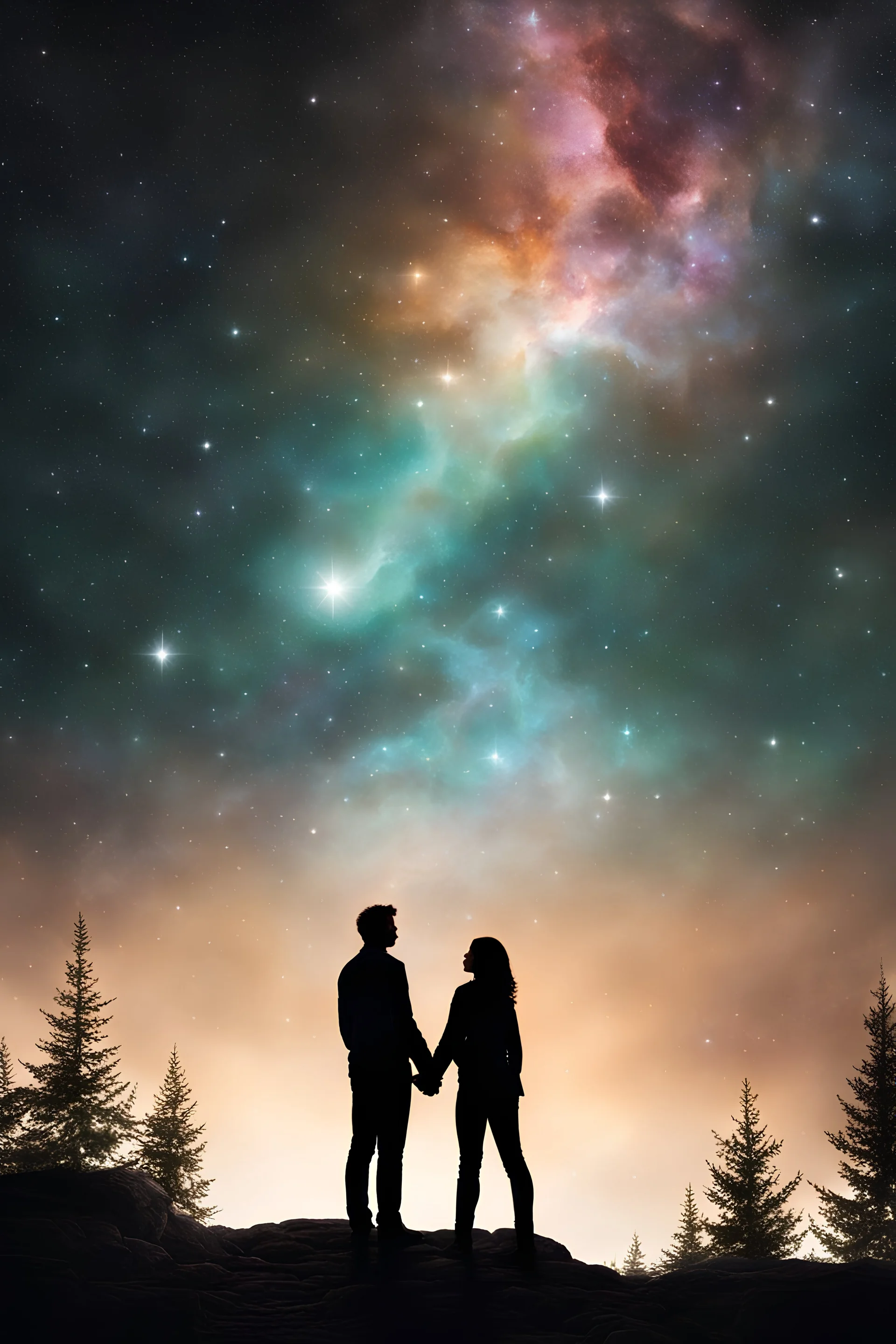 A romantic embrace between an woman and man couple, illuminated by a distant nebula.