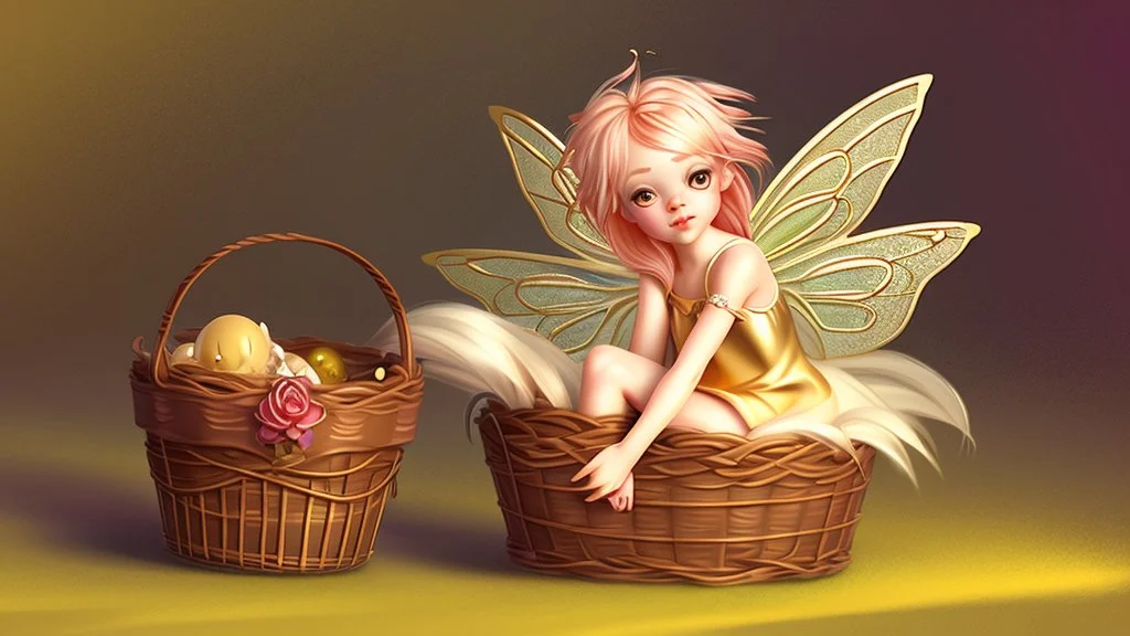 Fantasy style illustration: small, cheerful fairy with golden hair, sitting in a small basket. The basket is an earring on the ear of a big giant.