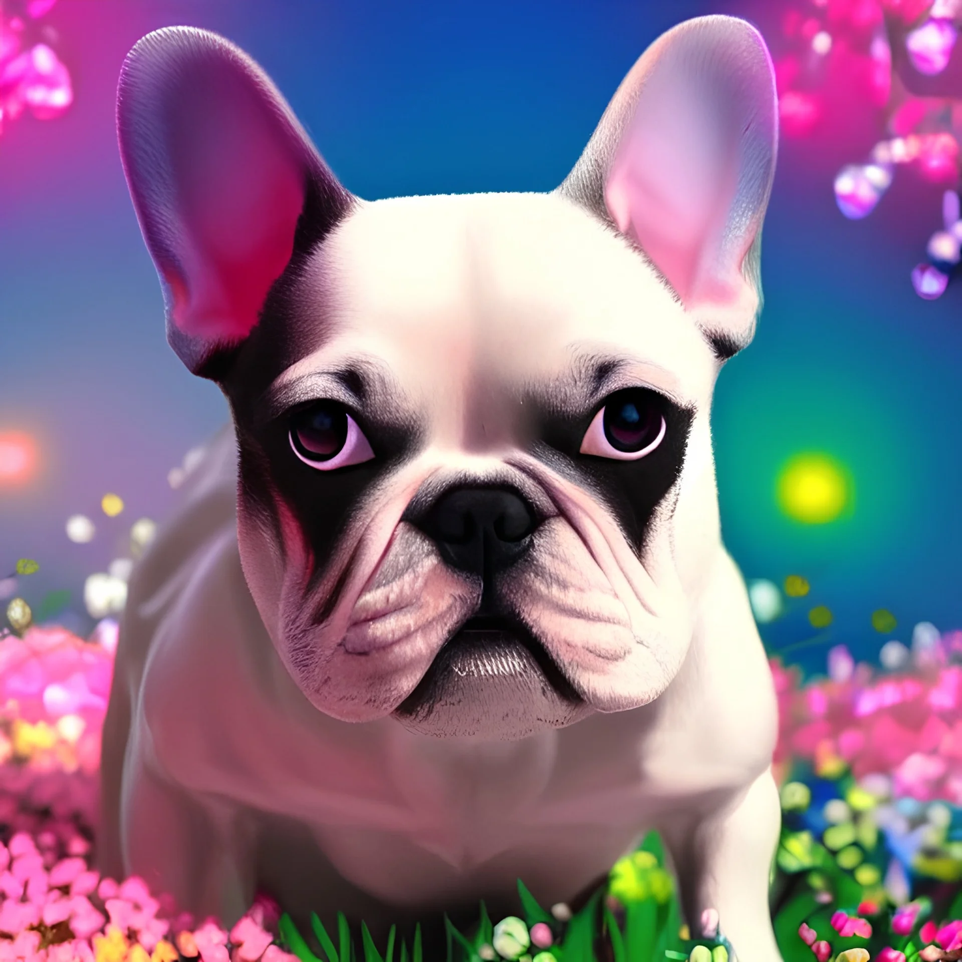 cute multicolored crystal frenchie, ultra realistic, background of flowers, volumetric lighting, fantasy, highly detailed, lighted background in style of Vincent Van Gogh