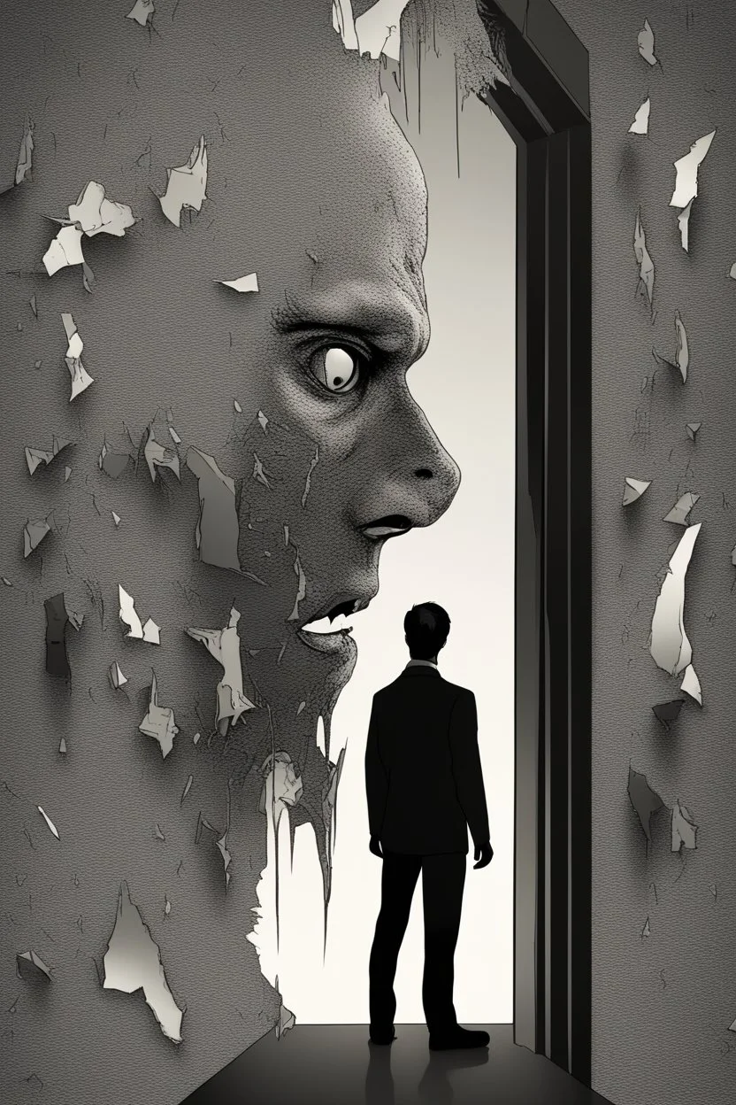 a man looking into a shattered mirror and seeing a horrifying, abstract monstrous reflection