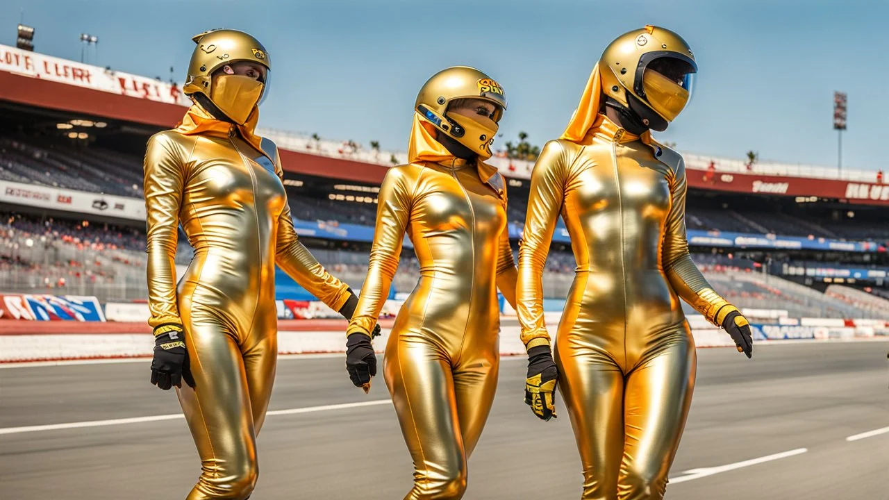 Hyperrealistisch Rollergirls völlig verhüllt von golden glänzendem Ganzkörper-Zentai mit geschlossenem Visier in identischen goldfarbenen, geschlossenen Helmen fahren in Nascar-Steilkurve in Formation parallel nebeneinander und hintereinander mit Rollschuhen