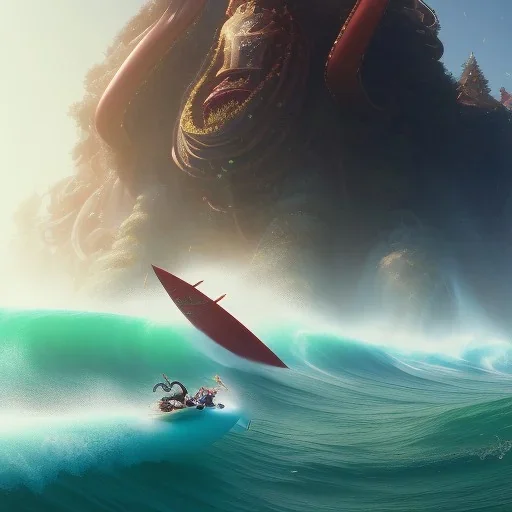 Santa surfing a big wave, surfboard, beach, character design by cory loftis, fenghua zhong, ryohei hase, ismail inceoglu and ruan jia. unreal engine 5, artistic lighting, highly detailed, photorealistic, fantasy