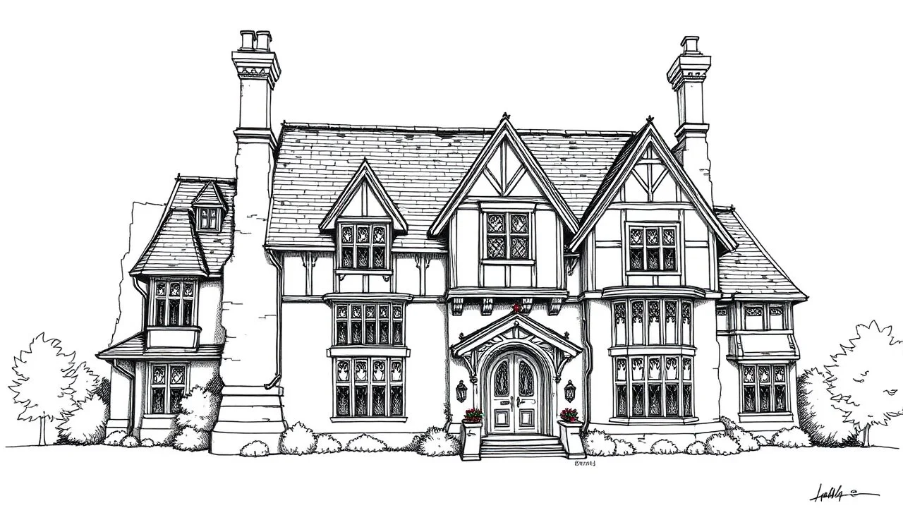 A detailed ink illustration of a front elevation of a Tudor fantasy house, with tall chimneys and roofs.