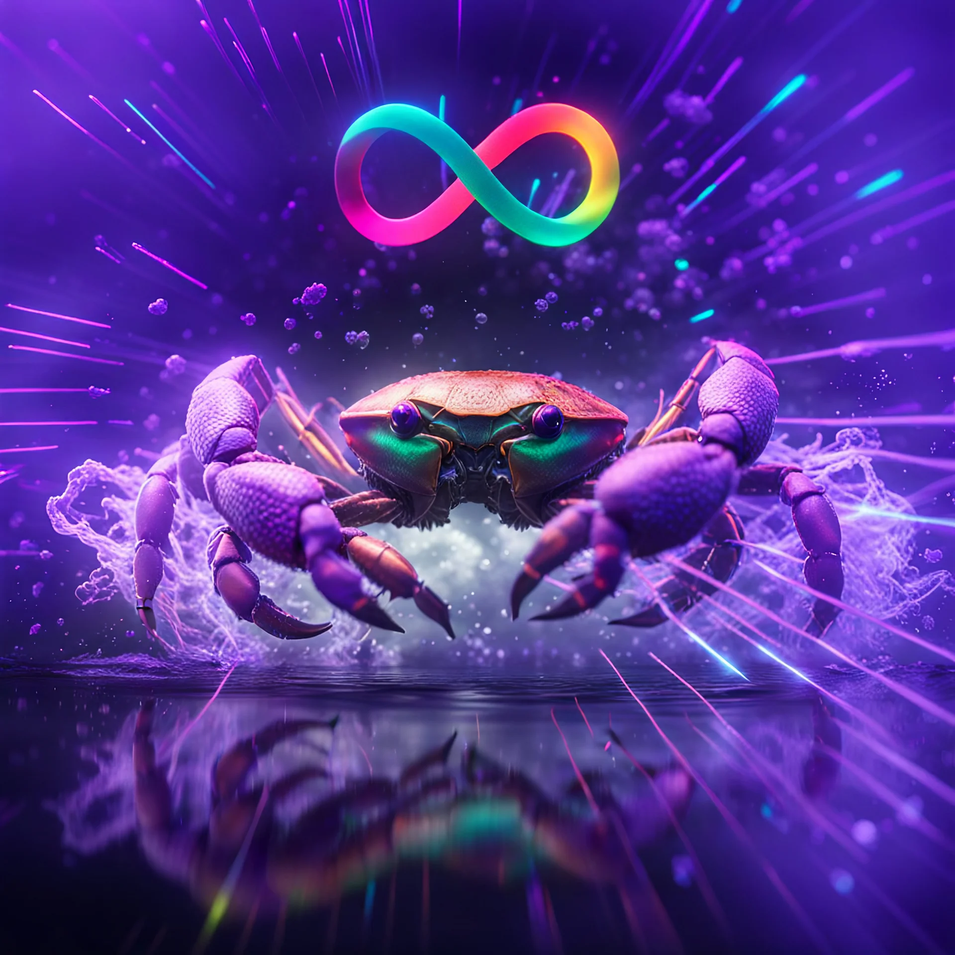 infinity symbol ∞ with vibrant powerful crab jumping out of the water, striking, neon, chiaroscuro, dramatic, captivating, powerful, fantasy, beautiful, octane render, 16k post-production, artstation: award-winning: atmospheric: commanding: fantastical: clarity: ultra quality: striking: brilliance: stunning colors: amazing depth; lens: f/11, 35mm