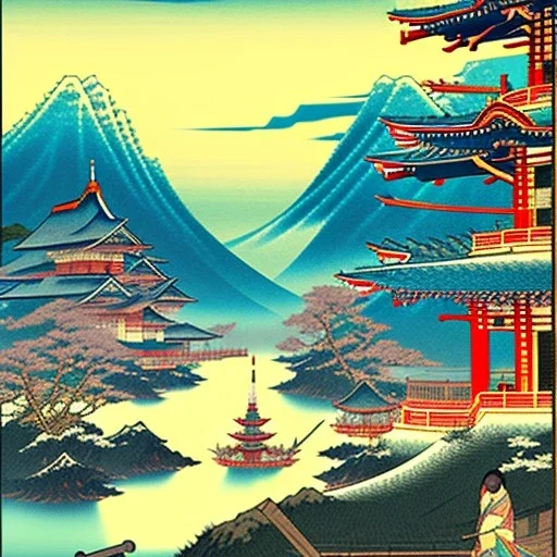 Ukiyo-e styled art, stream, mountain, sun, family on a boat