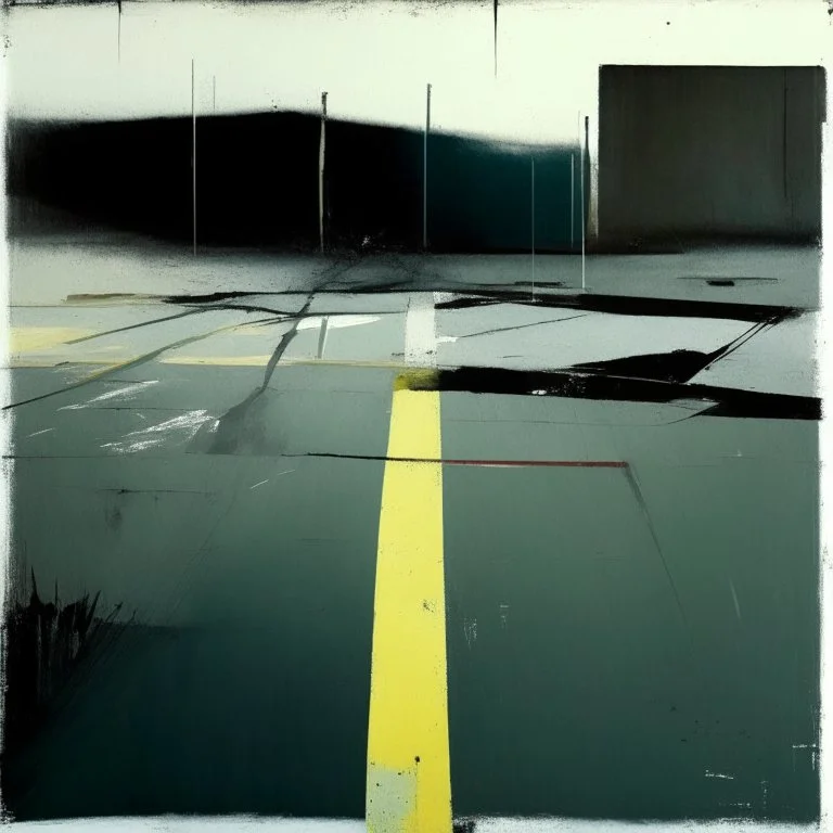 Minimal abstract oil paintings desolate 1960s carpark concrete body fragments. style of Justin Mortimer and Francis Bacon. road markings.