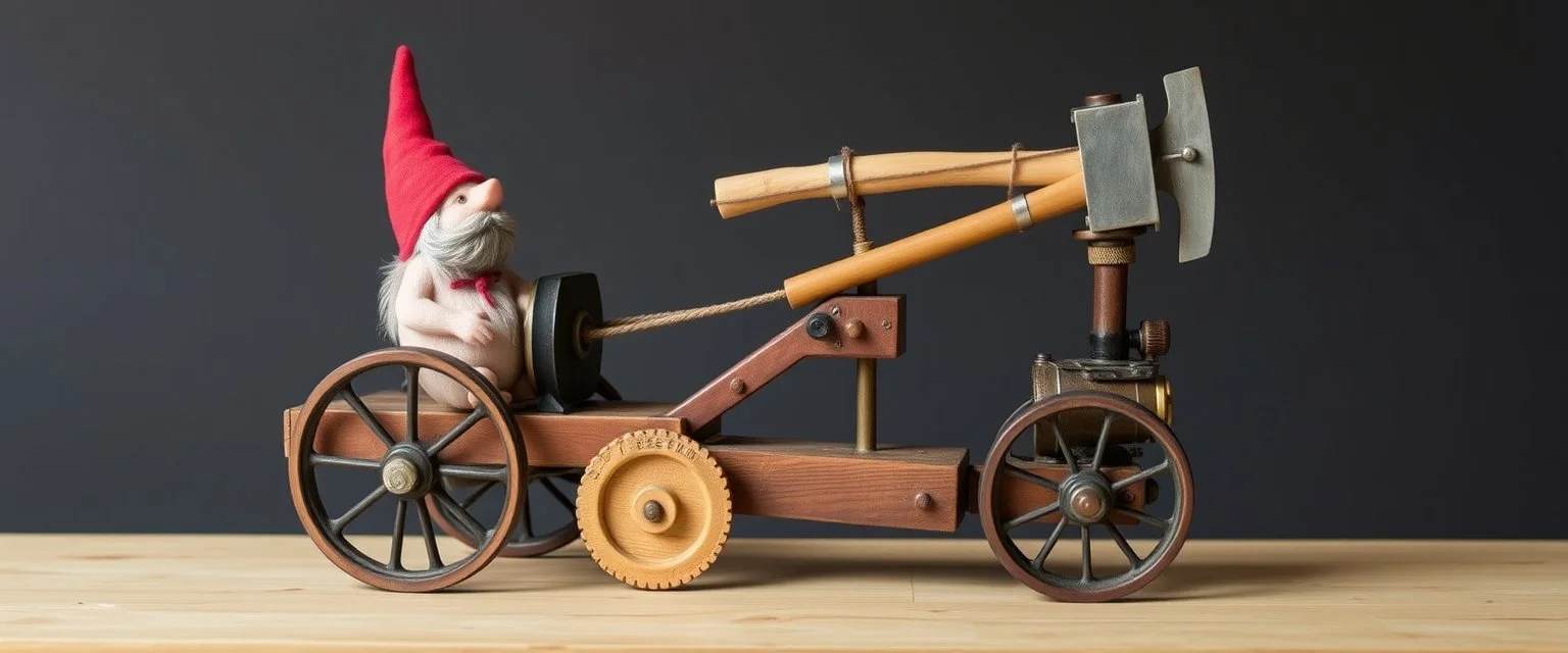 Gnome invention, winning prize at gnome convention, The Lumb-O-Tron A jury-rigged combination of a cart, pulley system, and an axe designed to chop down trees. The motion is powered by {a yoga pig in a wheel treadmill spurred by a carrot on a stick | a crude stationary bicycle | a tiny steam engine heated by a red pseudodragon in the chamber}