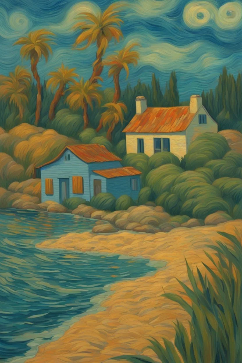 Coming from the dappled waters of the Cerulean sea to the mysterious farmhouse on the exotic island; Post-Impressionism in the style of Van Gogh.