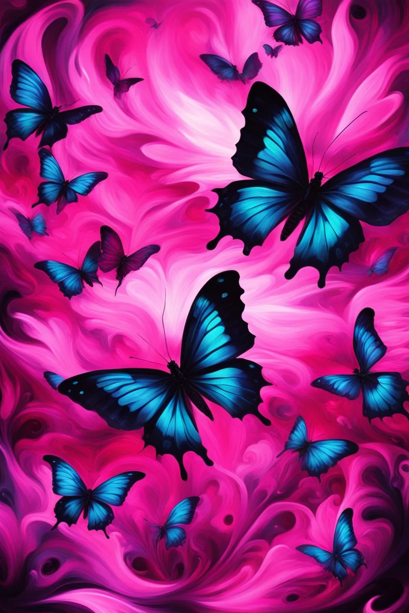 vibrant psychedelic oil painting image, airbrush, 64k, cartoon art image of background HOT PINK and BLACK BUTTERFLIES , futurism style
