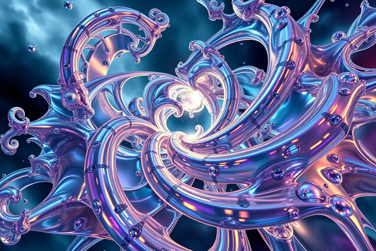 Dynamic complex hypnotic fractal 3D structures radial Symmetry twisting and morphing between organic and geometric forms , smooth translucent iridescent glass with inner glow and bubbles, varied transparent materials, stormy skies, intense dramatic