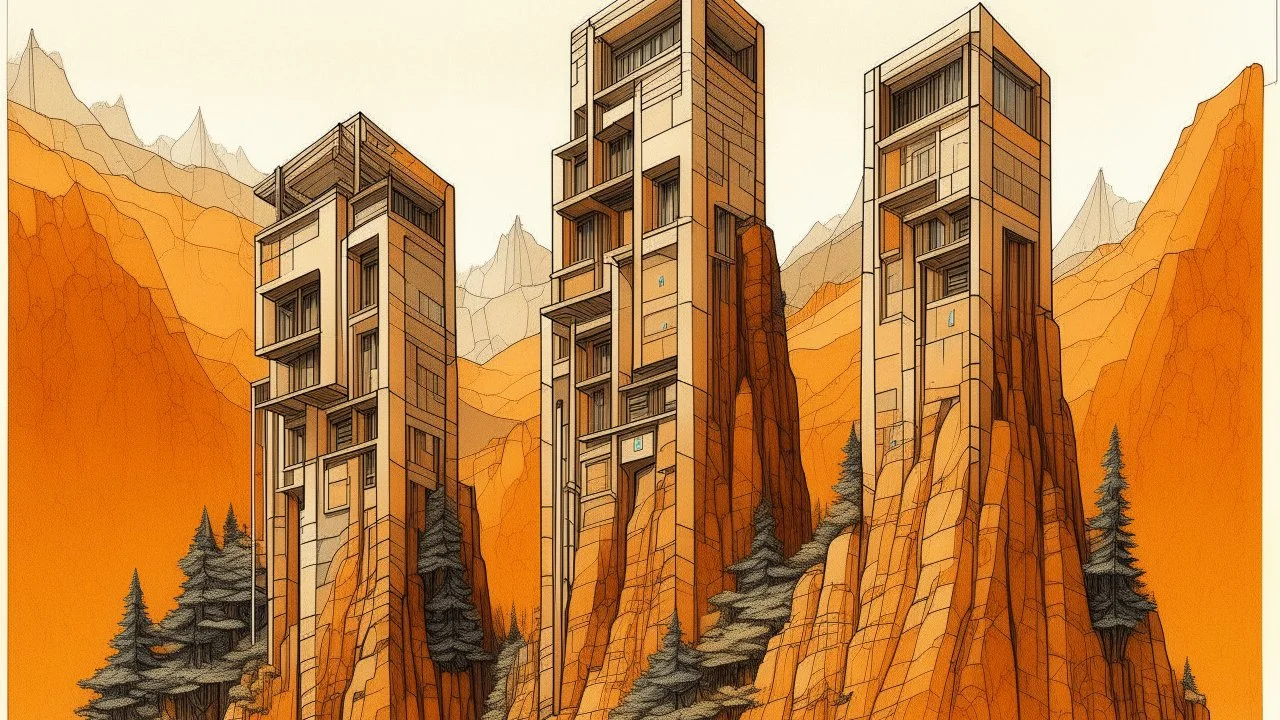 The image is an illustration of three tall buildings on top of a cliff. The buildings are made of wood and have a unique architectural design. They are arranged in a triangular formation, with the tallest building in the center and the two smaller ones on either side. The cliff is steep and rocky, with patches of orange and brown vegetation growing on the sides. The sky is a light blue with wispy clouds, and there are a few birds flying in the distance. The overall mood of the image is surreal a