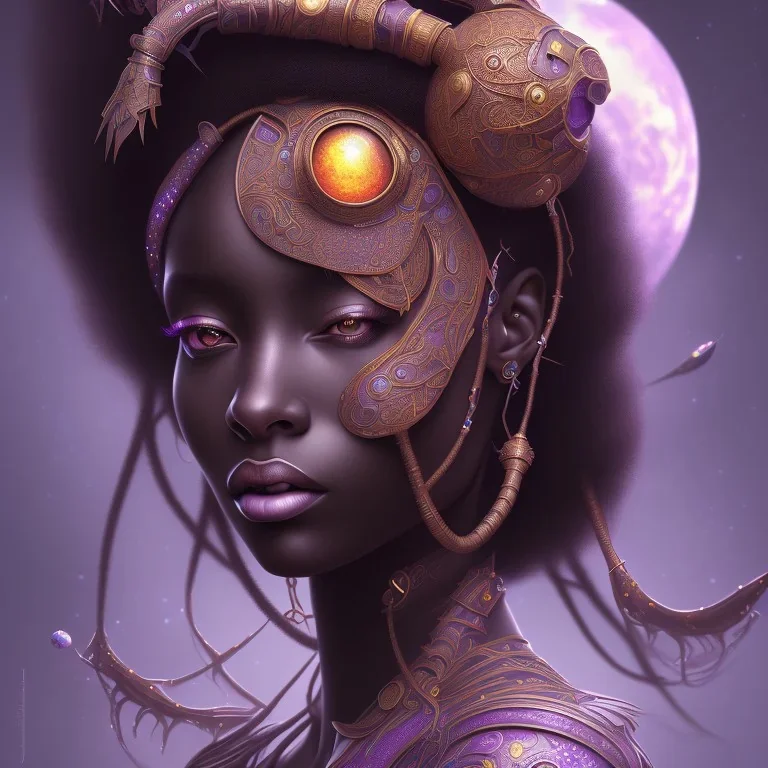 sango fantasy, fantasy magic, intricate, sharp focus, illustration, highly detailed, digital painting, concept art, matte, masterpiece head sexy view black African beauty black afro hair space lady purple carp skin African space night