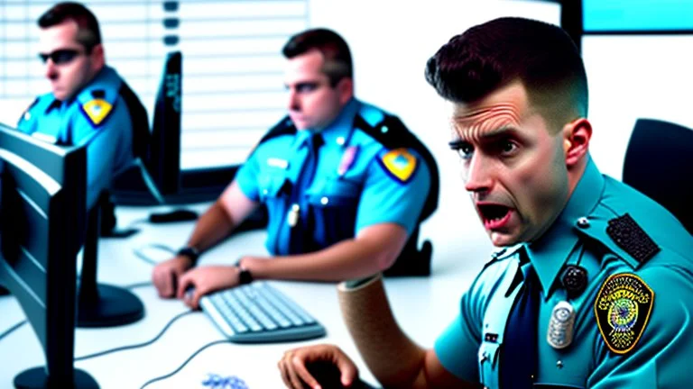 confused male cop dispatcher deals with evil virus in the phone