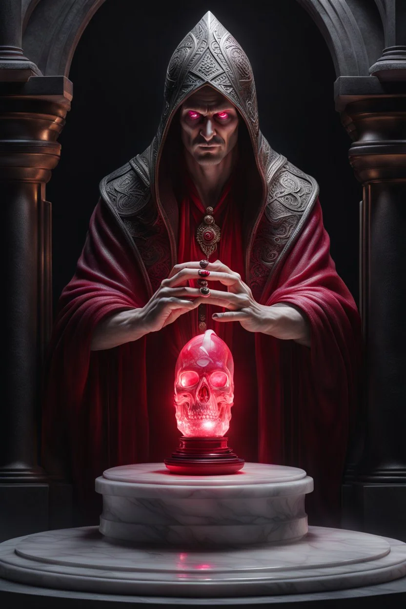 highly detailed marble and ruby sculpture of a male necromancer, transparent nail polish, beautiful hands, stunning face, volumetric fog, Hyperrealism, breathtaking, ultra realistic, unreal engine, ultra detailed, cyber background, Hyperrealism, cinematic lighting, highly detailed, breathtaking, stunning environment