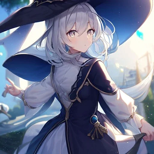 Clear focus, High resolution, medium length hair, white cyan hair, cyan eyes, wearing a witch uniform, Sighing, wearing a medium skirt