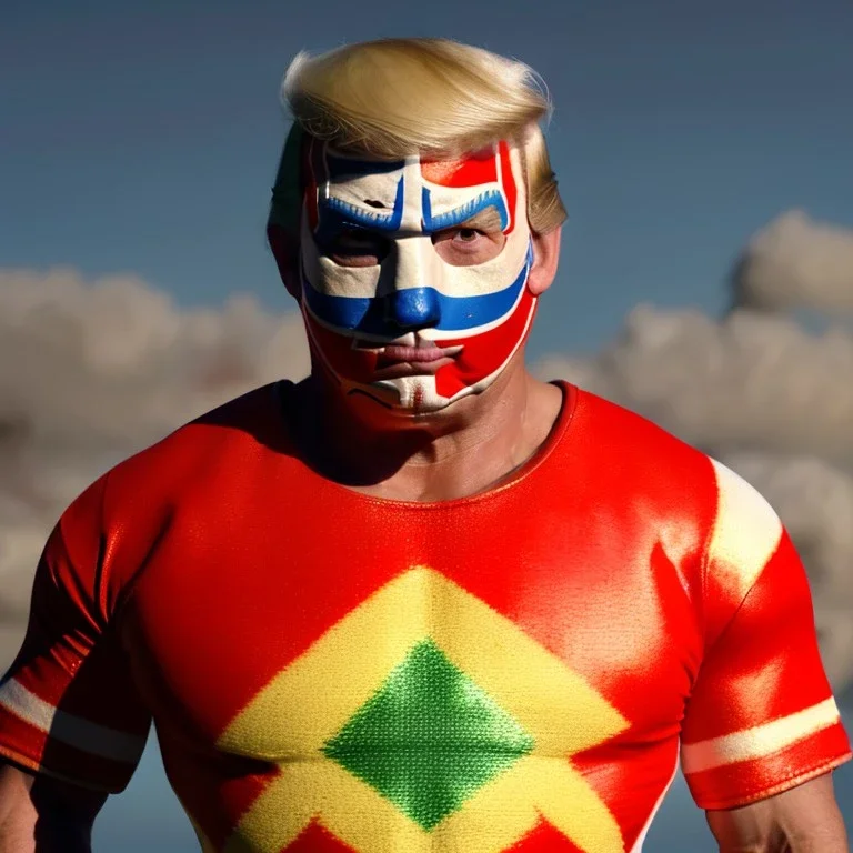 Realistic image of Donald trump wrestler, Mexican wrestling style, Mexican wrestling mask for eyes, red and blue breeches, glow us flag dress, suspenders, retro style, 80s, vibrant color, highly detailed, sky background, concept art, unreal engine 5, god rays, ray tracing, RTX, lumen lighting, ultra detail, volumetric lighting, 3d, finely drawn, high definition, high resolution.