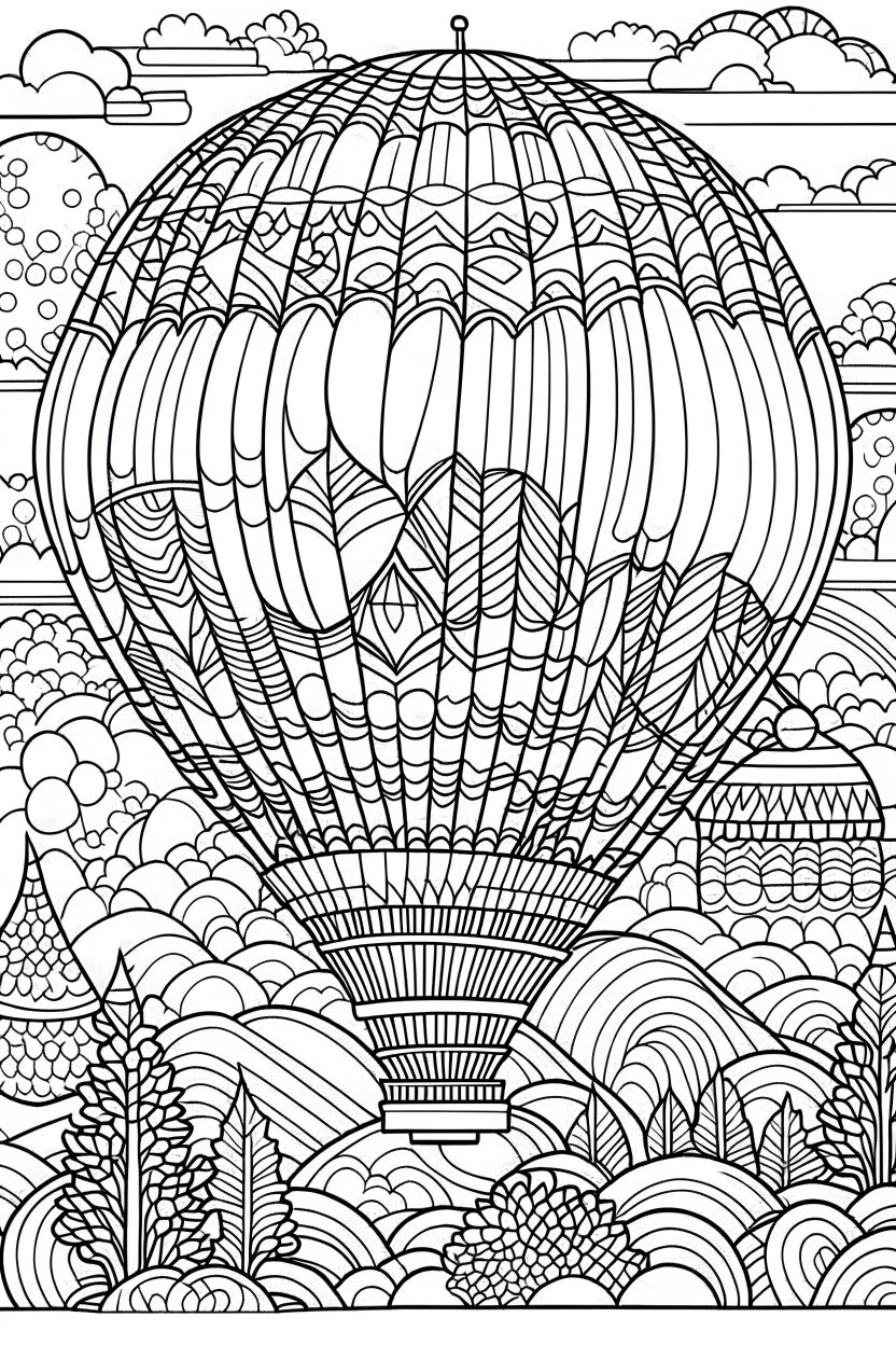 A colorful hot air balloon festival.coloring book page, simple and clean line art, adult drawing book, black and white, crisp black lines, no shades, sharp lines, coloring book for adults, cartoon style, landscape