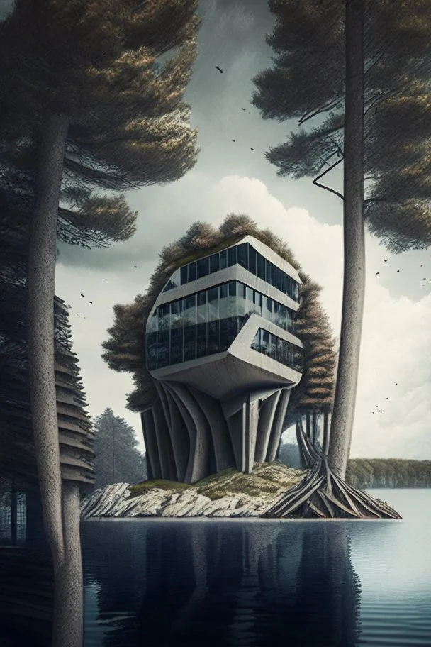 |futurist building on lake shore with trees and rocks