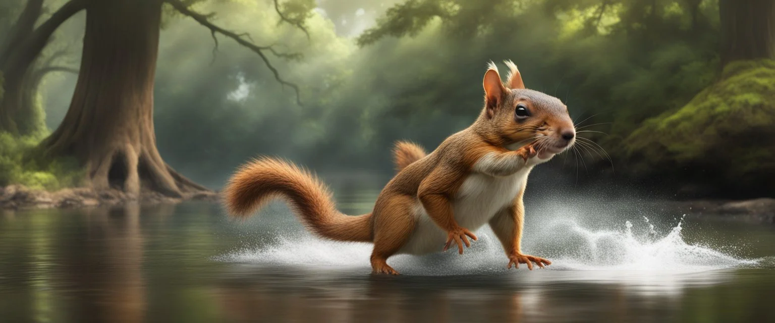 Finn's paddling like crazy, I'm laughing so hard I'm paddling backwards We arrive at Squirrel Island – Bigalow leaps out, does a victory dance, and then... Starts digging like a maniac near the base of the oldest oak tree Finn whispers to me: "Think he knows the acorns are guarded by Squirrelzilla..." Suddenly, a fierce chattering noise echoes – A GIANT SQUIRREL EMERGES ON WATERSKIES, EYES FIXED ON BIGALOW!