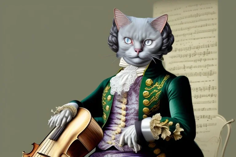 Mature cats dressed like _Wolfgang Amadeus Mozart_, paws, perfect iris, playing music, stre...istic, extremely accurate, delicate, extremely detailed, Graphic novel style, wide-angle, open aperture, superfine pencil