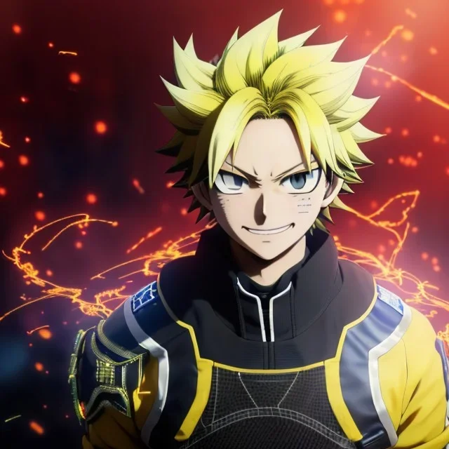 Detailed anime portrait of denki From my hero academia, yellow hair, black suit, intricate details, full body portrait, keep head in frame, slight smile, black Japanese motif, concept art, highly detailed, digital painting, concept art, sharp focus, illustration, art by Yoji Shinkawa, WLOP and greg rutkowski and alphonse mucha and artgerm and yanjun Chen and Junji ito and Makoto Shinkai, HDR, octane render