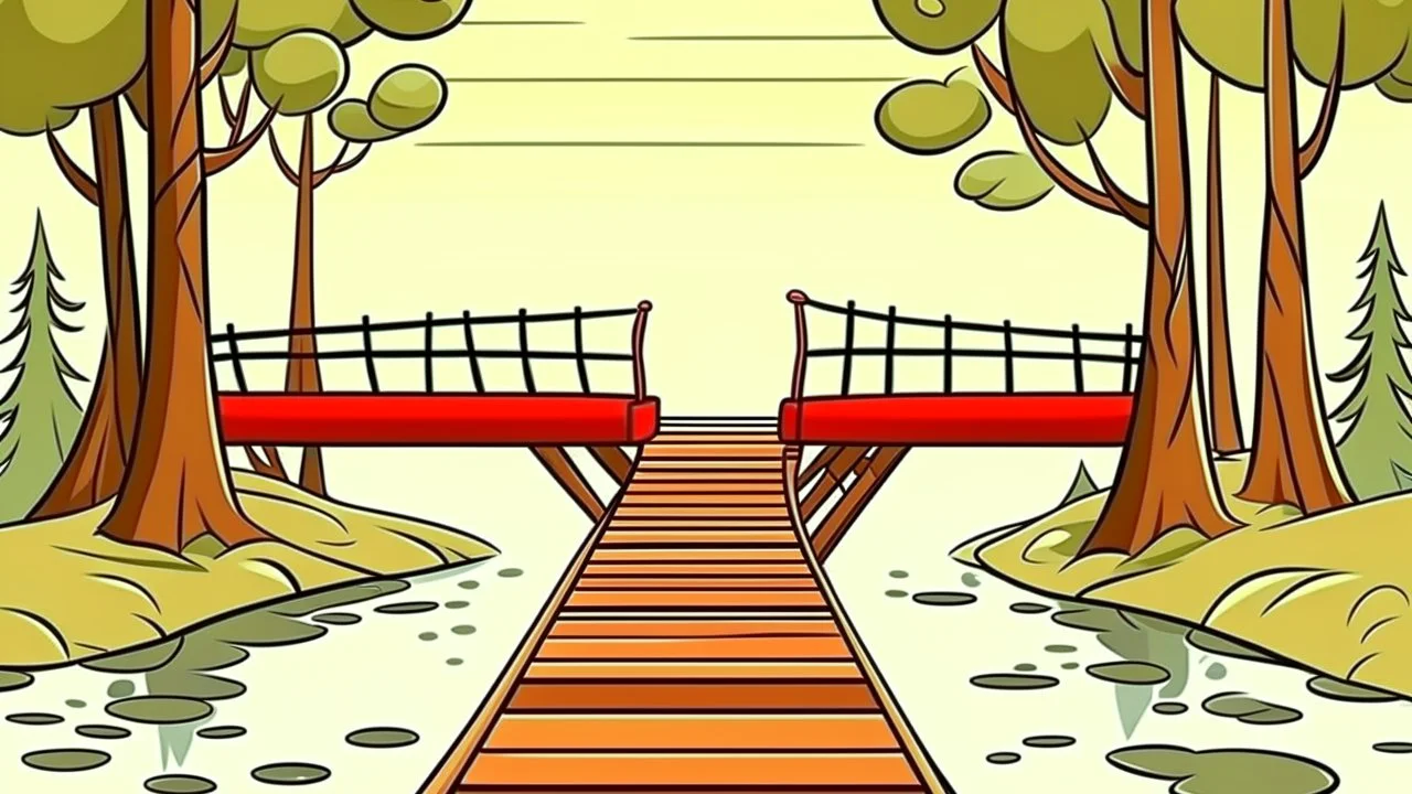 Cartoon style: t the end of the bridge, there is one tiny wooden house with red roof