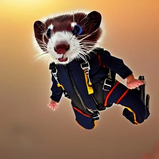 close-up detailed matte painting of a ferret wearing a jumpsuit with parachute harness jumping out of a plane, skydive, sunlit sky, intricate, ultra-fine detailed, 8k, high-quality, 3d, realistic, digital art