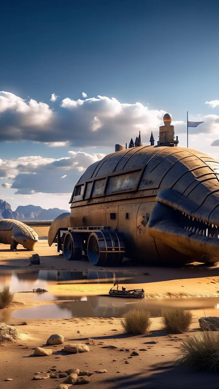 A nuclear submarine side view appeared in the desert on a little lake with sands T rex dinosaurs are in it and around it and stormy clouds , and some mountains in the distance background