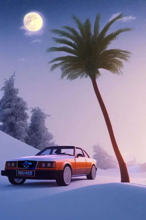 1980's aesthetic vaporwave palm trees with lighting with moon with audi in the winter snow