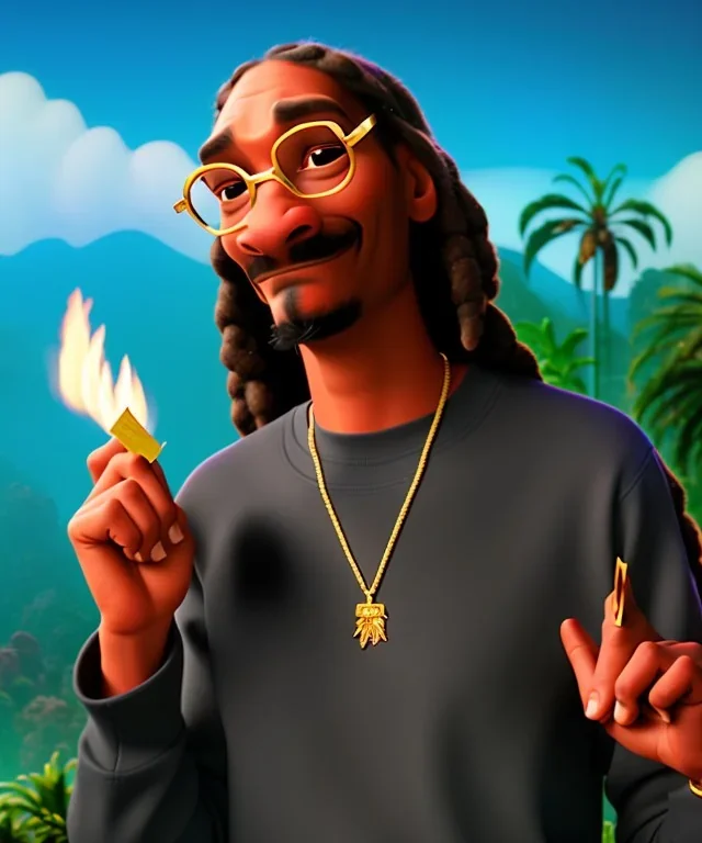 Snoop Dogg, burning cigar with dollars, jungle background, hyper realistic