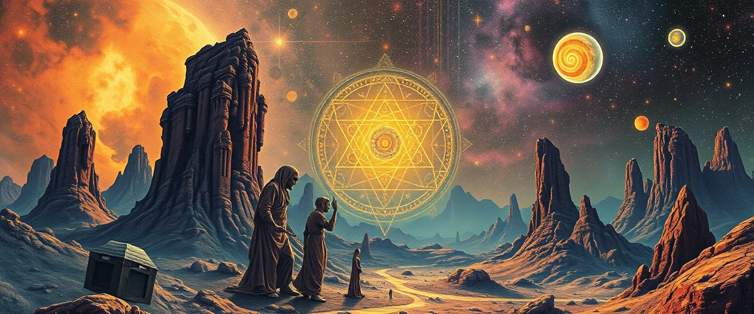 sleepy alien sacred geometry, goa trance poster, in the style of John Atkinson Grimshaw