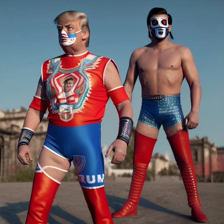 realistic image of donald trump as a mexican wrestling fighter posing outdoors, Mexican wrestling mask, red and blue breeches, suspenders, retro style, 80s, vibrant color, highly detailed, sky background, concept art, unreal engine 5, god rays, ray tracing, RTX, lumen lighting, ultra detail, volumetric lighting, 3d, finely drawn, high definition, high resolution.