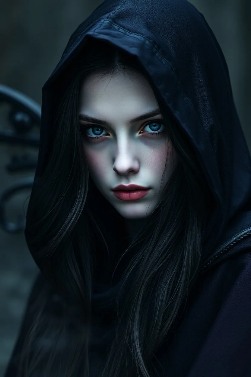 portrait a dark fairy with a pale face, long dark hair, in a dark purple shiny black hooded cloak, suggestive dark deep gaze, impressive, perfect, cold beauty, dark, sad, gothic mood, atmospheric, smoke, high detalied, high realistic, photorealistic