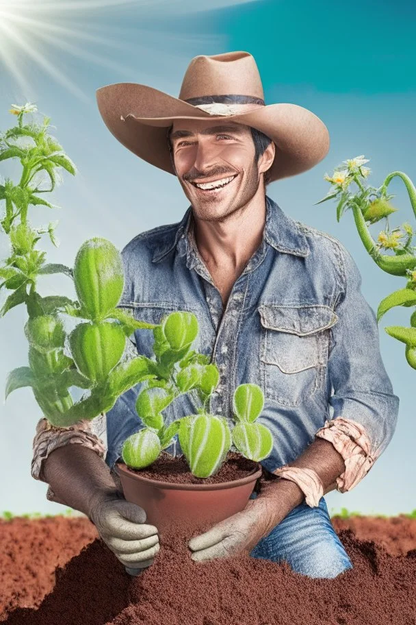 cowboy happy with plants growing in soil