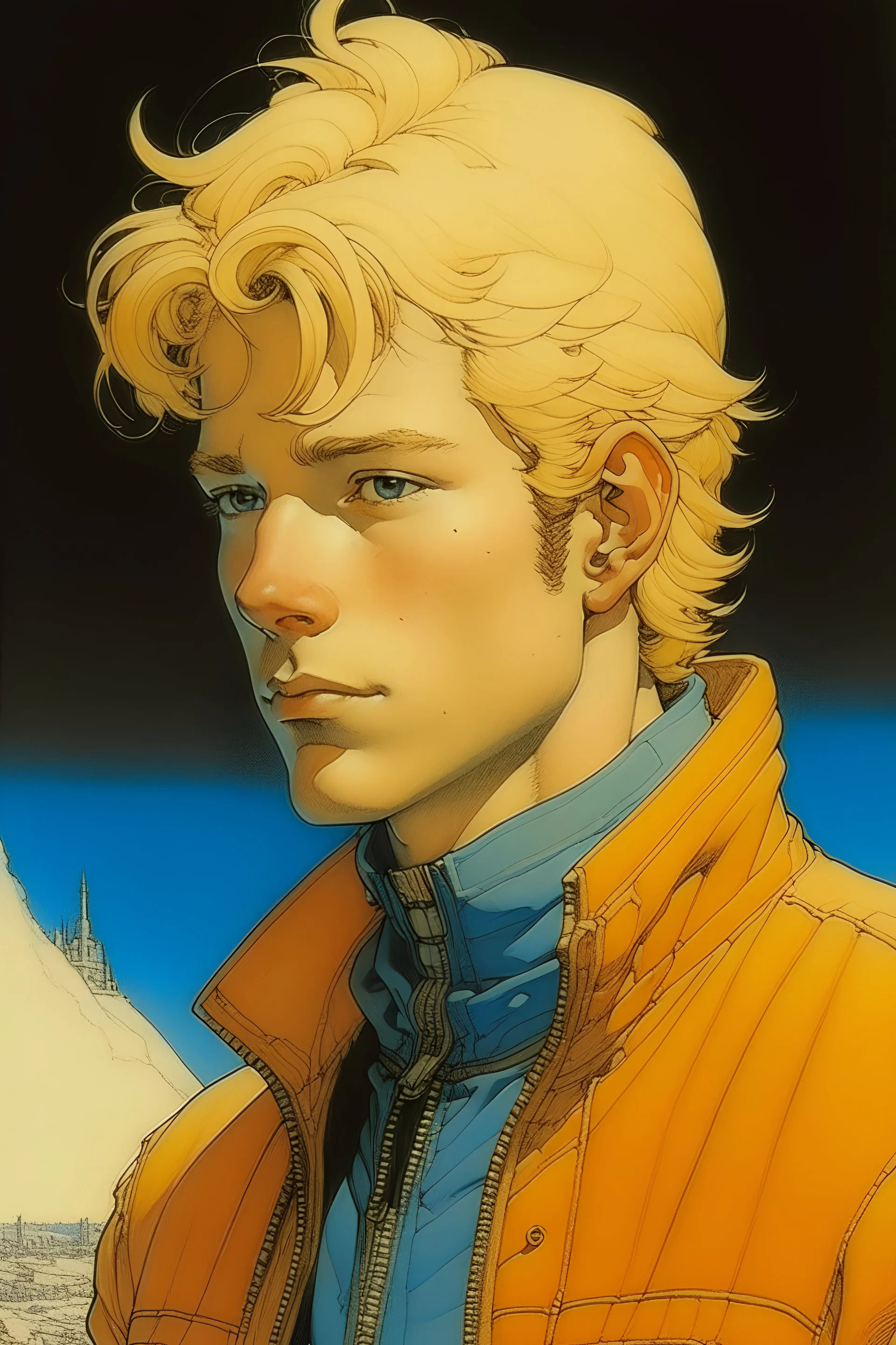 Portrait of a blond young guy, Moebius style, Jean Giraud