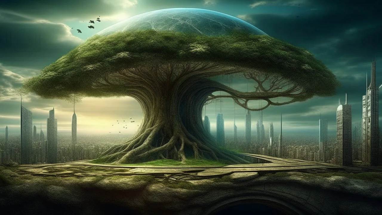 the last tree on earth, portal to other dimension near the tree on the left, city of the future year 4222, very realistic,