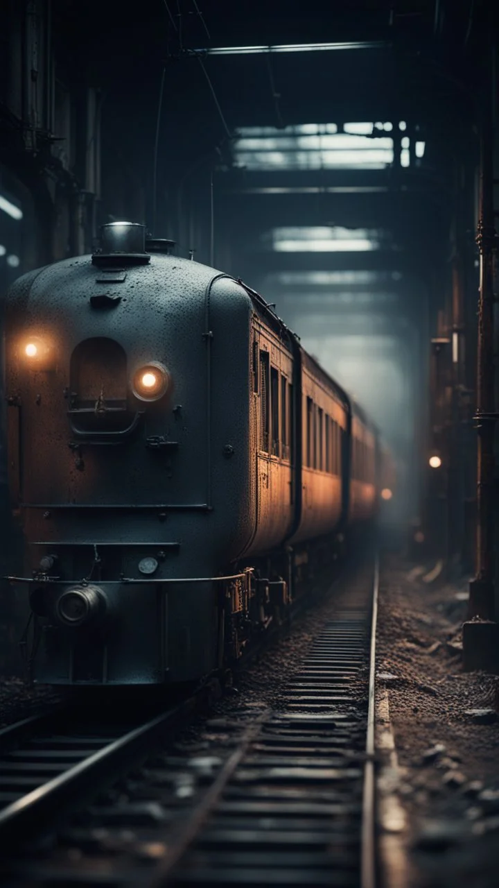 Shi Fi, a train coming to a small station atmospheric lighting effects, intricate industrial details, moody atmosphere, eerie grimdark ambiance, complex motherboard accents, speculative fiction art. Bokeh