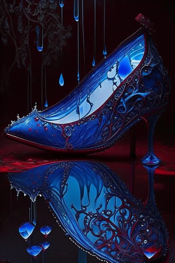 dark fantasy, intricate cover, a whimsical fairytale, translucent shoe made of blue glass with drops of crimson blood underneath