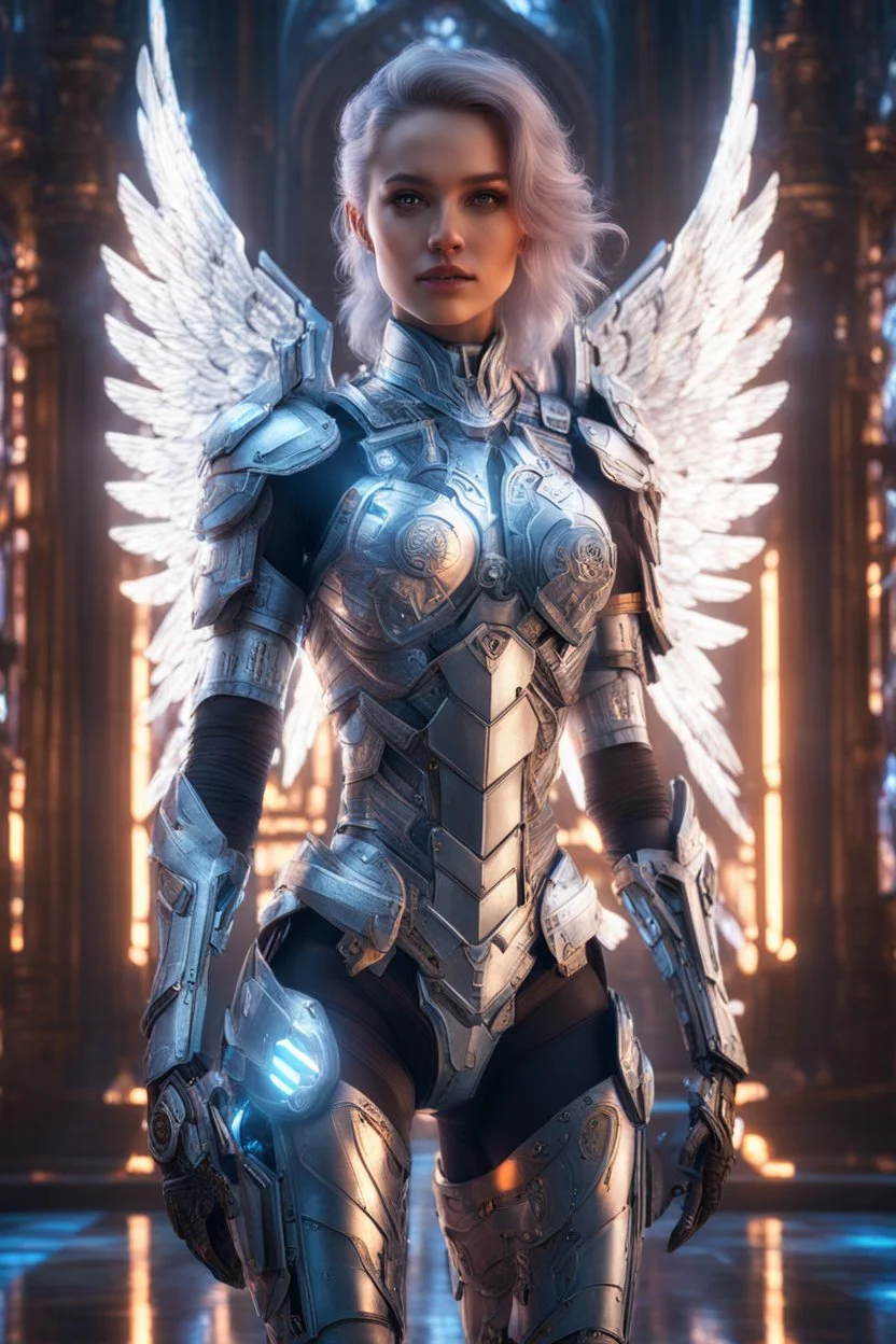 Photography detailed beautiful Angel woman as cyborg in castle, with cybernetic elements on metal armor, neon lights reflections,intricate design and details, dramatic lighting, Cinematic lighting, Volumetric lighting, Epic composition, Photorealism, Bokeh blur, Very high detail,Character design, Unreal Engine, Octane render, HDR, Subsurface scattering