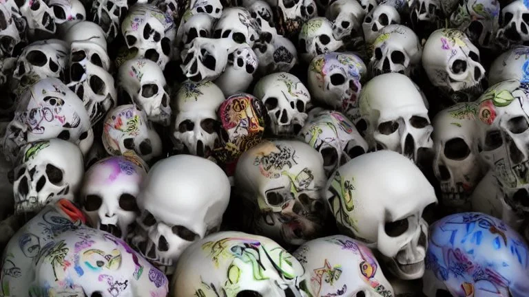 hundreds of anatomically correct, human skulls stacked into a wall unusual neon lighting, high octane, 64k, dystopian, vray, a picture of a dark, comedic, anatomically correct wall of colorful tightly packed skulls of varying sizes and expressions, photo-realistic, insanely meticulous, highly detailed,, 64k, dystopian, vray