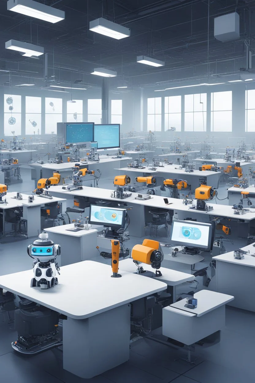 a robot teacher in a classroom with a lot of different student robots. The main robot distribute work amongst smaller robots and computers in the factory. there is electricity in the air, the main robot coordinates other robots