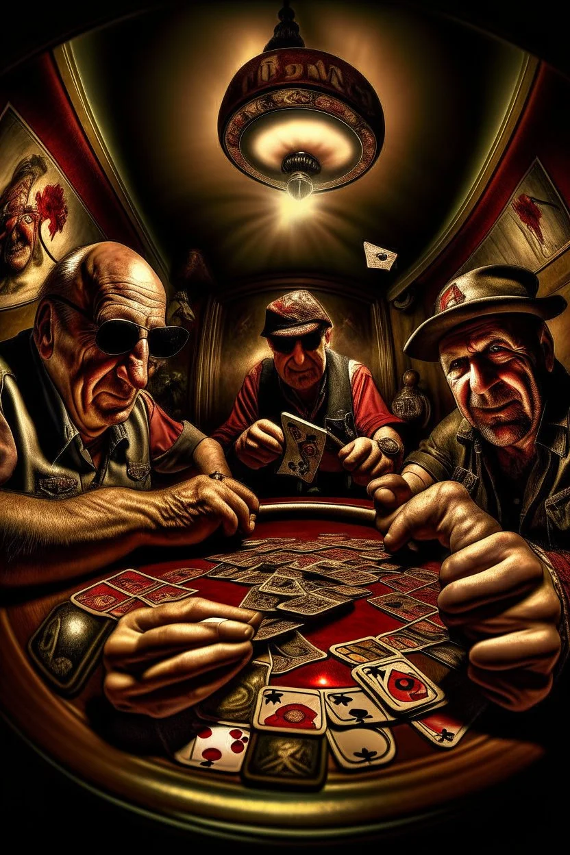 Duke Nukem and some friends smoking and playing cards, davinci. Surreal. Agony face, smile, pain scream. Fish eye lense camera. Perfect composition.